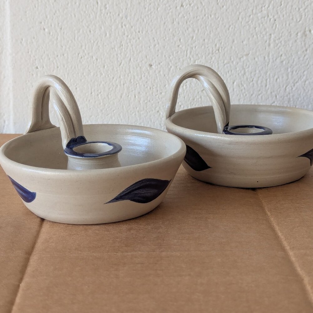 Vintage Williamsburg Pottery salt glazed stoneware candlestick holder Blue Leaf
